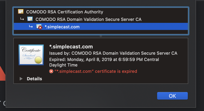 Simplecast certificate error